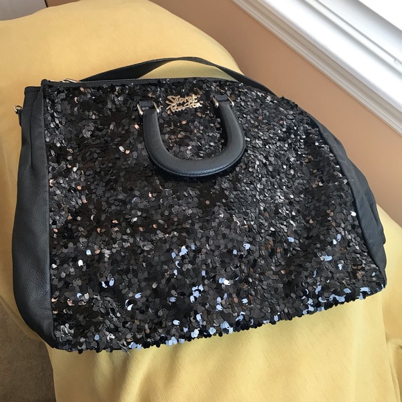 Secret Pon Pon Handbags - Secret Pon Pon Italian Black Sequin & Leather Bag Size 16 x 14